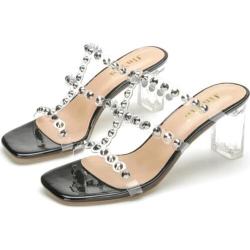 Transparent PVC Sandals Women Slip On 8CM Thick High Heels Square Toe Shallow rivet sandalias mujer 2020 women shoes size 35-42