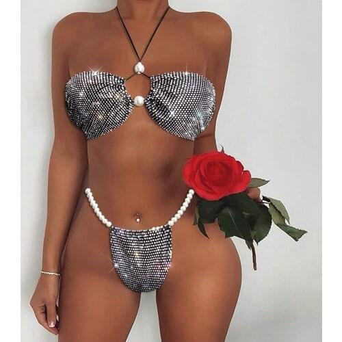 Sexy micro Thong Rhinestone two piece bikini cover push up swimsuit women swimwear beach club bathing suit mini bikinis set 2021