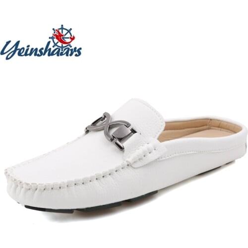 YEINSHAARS Men Half Slippers Summer Slip On Comfortable Outside Mens Slipper Shoes Leather Handmade Sewing Casual Driving Shoes