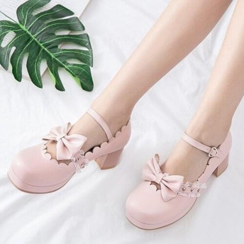 PXELENA Lolita Girls Mary Janes Shoes Bowknot Princess Ruffles Japanese Sweet Bride Wedding Party Dress Pumps Cosplay Pink 34-43