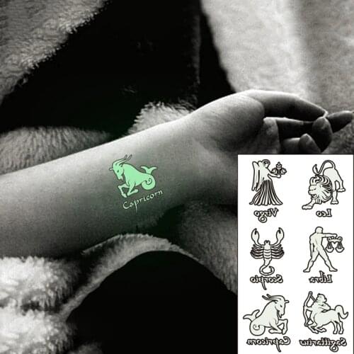 Waterproof Temporary Luminous Tattoo Sticker Leo Virgo Scorpio Libra Sagittarius Constellation Flash Fake Tatto for Women Men