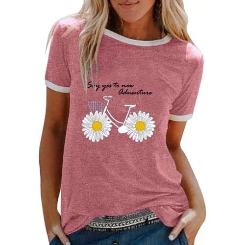 Women Casual O Neck Short Sleeve Bike Marguerite Beautiful Print Loose T-shirt Blouse Top Harajuku Short Sleeve Female Tshirts