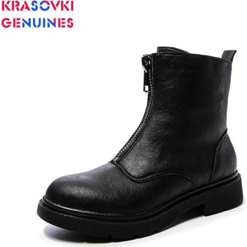 Krasovki Womens Autumn New Front Zipper Leather Boots 2020 Flat Bottom Breathable Fashion Large Size Warm Womens Short Boots
