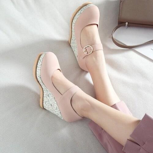 PXELENA Plus Size 34-42 Platform Wedge High Heels Womens Shoes Round Toe Crystal Dress Party Pumps Ladies 2019 Spring Elegant