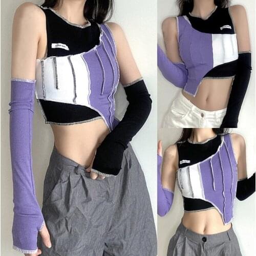 Womens Fashion Contrast Color Round Neck Irregular Slim Top Purple