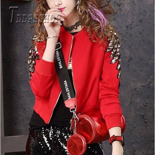Spring Sequins Decor Women Coat 2019 New Fashion Slim Red Color Female Jacket