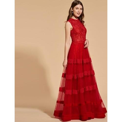 Tanpell lace prom dresses red sleeveless floor length a line dress women scoop neck back zipper up formal custom long prom gown