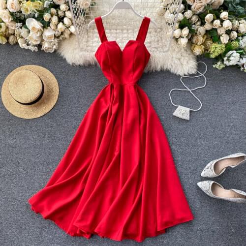 Women Casual Dress 2021 New V-neck Backless Solid Color Waist Slim Long Office Lady Spaghetti Strap Assorted A-Line Dress Red