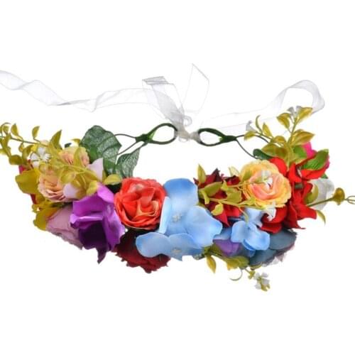 U2JF Floral Hair Wreath with Ribbon Adjustable Halo Bridal Faux Flower Garland Wedding Festival Party Handmade Photo Props