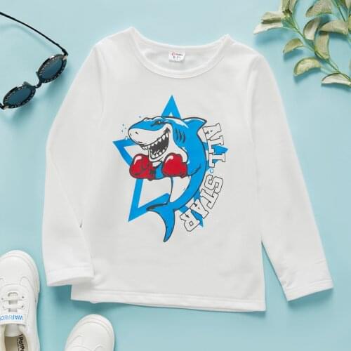 PatPat Kid Boy Letter Shark Print Long-sleeve T-shirt