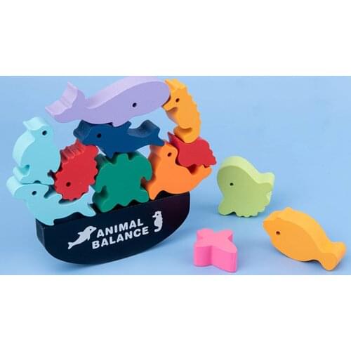 Children Montessori Wooden Animal Balance Blocks Board Games Toy Dinosaur Educational Stacking High Building Block Wood Toy Boys