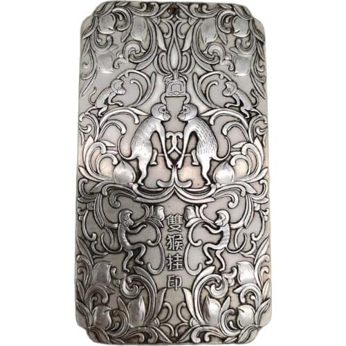 Chinese old Tibetan silver relief Double monkey pattern Waist Card amulet pendant Feng Shui lucky Card pendant