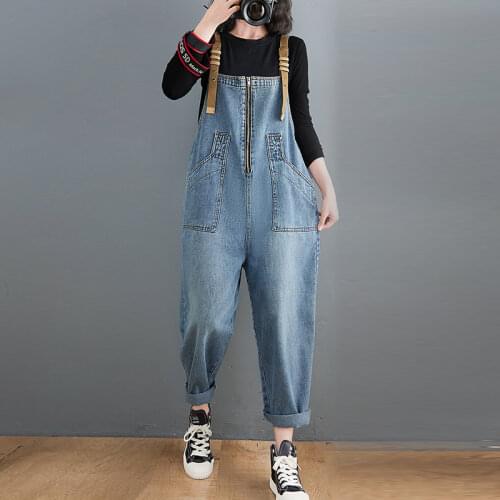 Vintage High Waist Denim Overalls Women Spring Streetwear Straps Jeans Jumpsuit Femme Loose Blue Rompers Zipper Suspender Pants