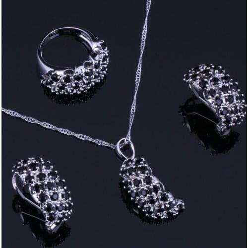 Good-Looking Black Cubic Zirconia Silver Plated Jewelry Sets Earrings Pendant Chain Ring V0306