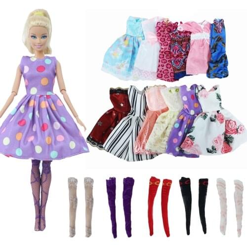 Random 3 Summer Mini Skirt Dress + 3 Stockings Sock Lingerie Cool Set Clothes for Barbie Doll Accessories Toy