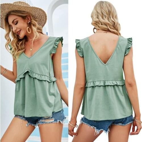 Hot kf-Womens V-Neck Wooden Ear Stitching Green Sleeveless T-Shirt Green