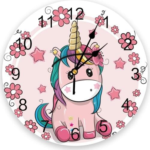 Unicorns Flowers Cute Pink Pretty PVC Wall Clock Living Room Bedroom Wall Digital Clock Home Decore Wall Clock Modern Design