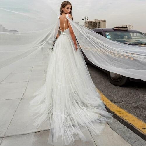 Charming Deep V-neck Detachable Wedding Dress Simple Vestido de Novia Backless Watteau Train Garden Bridal Gown