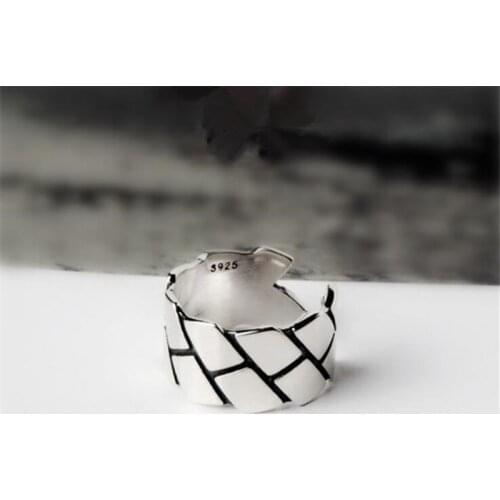 Retro Thai 925 Sterling Silver Wholesale Korean Geometric Rhombus Distressed Wide Open Ring For Women Anillos Mujer Gift SR244