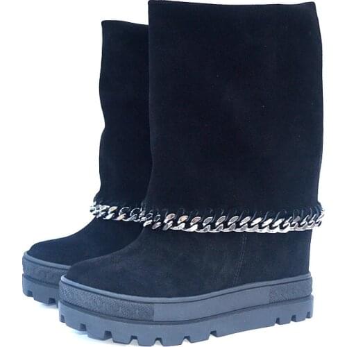 Bottine Femme 8CM Height Increasing Wedges Mid-Calf Boots Woman Black Snow Fashion Botas leather chains Punk female Shoes