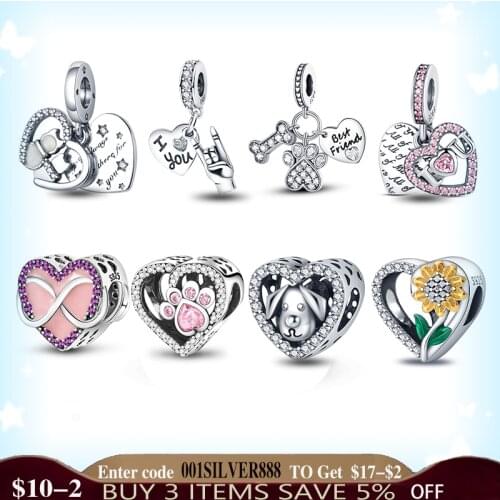 100% 925 Sterling Silver Charm Heart-Shaped Beads Crystal Charms Suitable For Original 3mm Ladies Bracelet DIY Jewelry Making