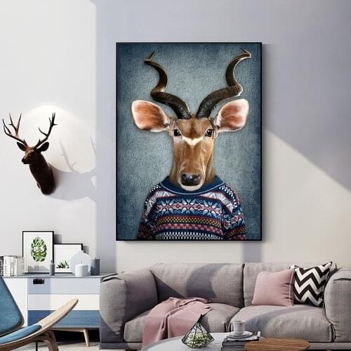 Modern Animal Canvas Painting Wall Art Posters And Prints Funny Tiger, Deer, Cow and dog in clothes for Kids Room Home Decor
