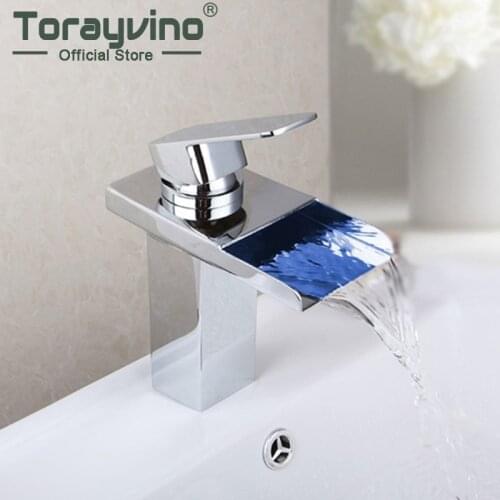 Torayvino LED Light Waterfall Basin Faucet for Bathroom Chrome Finished Colorful Deck Mounted Sink Cold And Hot Water Mixer Tap