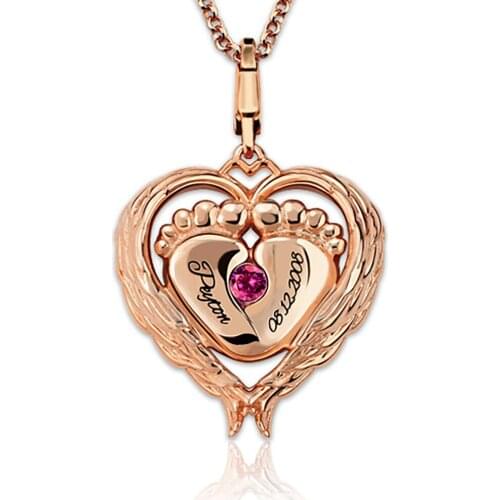 Uonney Dropshipping Angel Wings Baby Feet Necklace With Birthstone Silver Rose Gold Valentine Birthday Valentines Gift Jewelry
