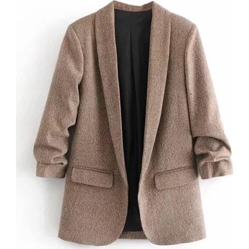 Obrix Female Office Lady Classic Loose V-Neck Open Stitch Vintage Full Sleeve Formal Jacket For Women