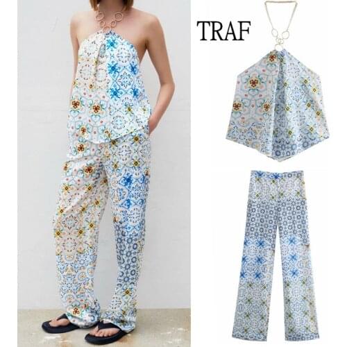 TRAF Sexy Out Halter Top And Wide Pants Two Piece Set Za Women 2021 Summer Patchwork Print Women Clothes Set Hight Waist Trouser
