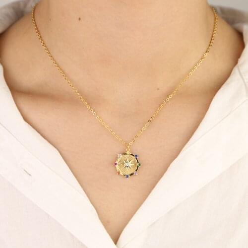 2019 new rainbow cz paved round coin pendant engraved starburst sparking Gold filled necklace for women