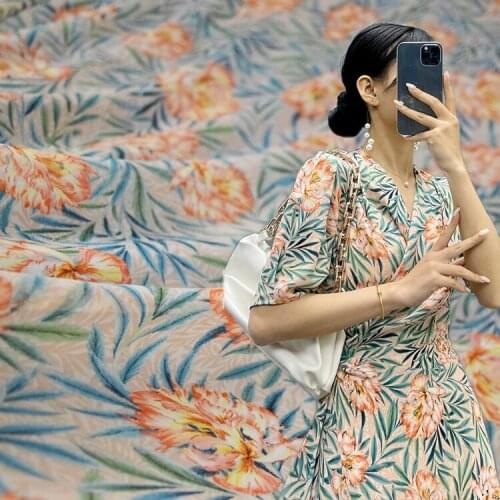 Georgette Chiffon Fabric Elegant Leaves Big Flower High-end Dress Shirt Cheongsam Womens Handmade DIY Fabric