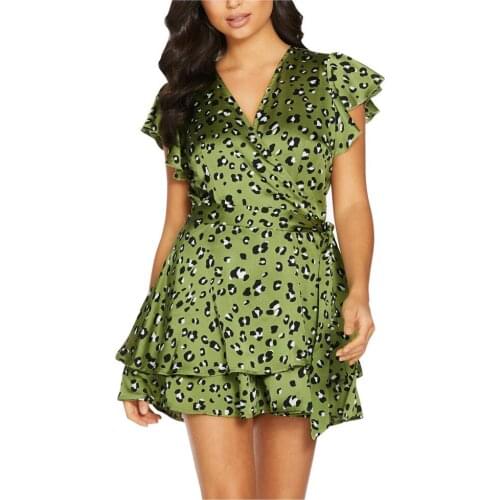 2020 Dress Ladies Elegant Fashion Ladies Sexy Print Waist Tie Dress Green Ruffled Waist V-Neck Dress Z0109