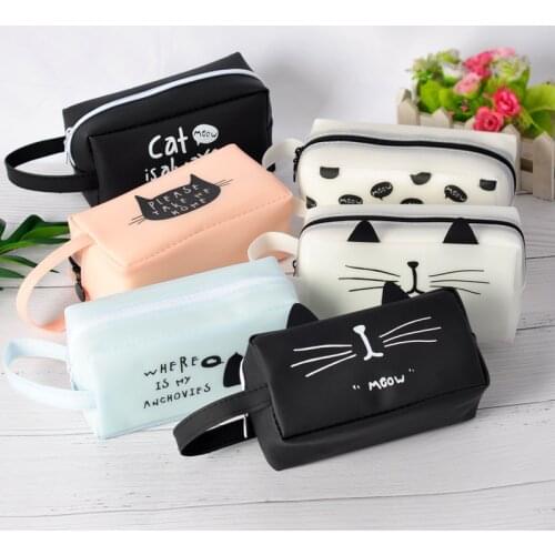 2021 Cute Cat Pencil Case PU Leather Pen Box Large Capacity Soft Silica Gel Bag Girls Gift Office School Supplies