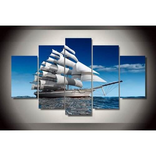 5 Panels White Giant Sailing Ship Sailing Under The Blue Sky Seascape HD Top Canvas Print Painting Paintings Home Decoration