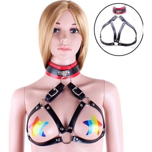 PU Leather Open Bra Nipple/Breast Belt With Neck Collars BDSM Restraint Bondage Coaplay Costume Set Adult Sex Toys For Women