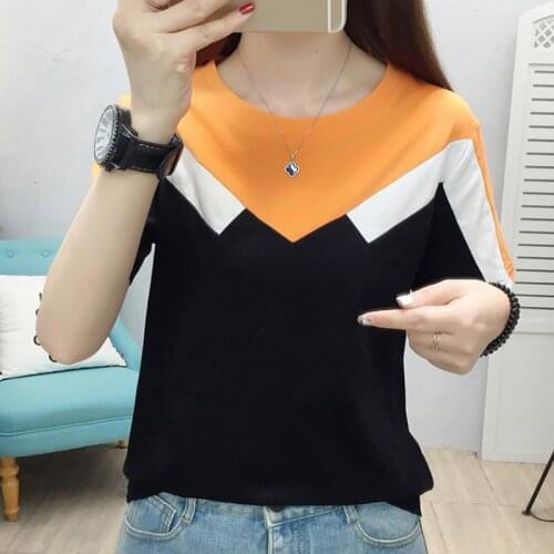 Hit Color T Shirt Women Patchwork T-Shirt Woman Casual Summer 2021 Ladies Tops Short Sleeve Korean Style Clothes Tee Shirt Femme