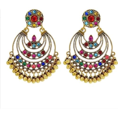 Indian Jhumka Earrings for Women Boho Gold Silver Color Metal Rhinestone Statement Earring pendientes Bridal Wedding Jewelry