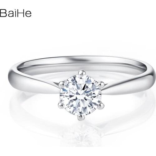 BAIHE Sterling Silver 925 About 1ct Ring Fine jewelry Beautiful round 6-claw inlaid Gift Simple Round Ring