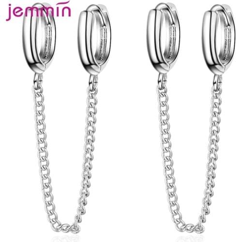 Korean Trend 925 Sterling Silver Double Mini Small Hoop With Tassel Chain Earring For 2 piercing Fashion Women Jewelry