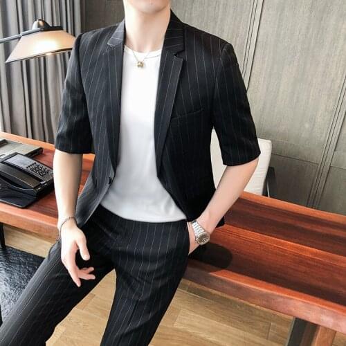 Striped Suits for Men 3/4 Sleeve Business Casual Two Piece Suit 2021 Spring New Solid Color Slim Fit Formal Costume Homme