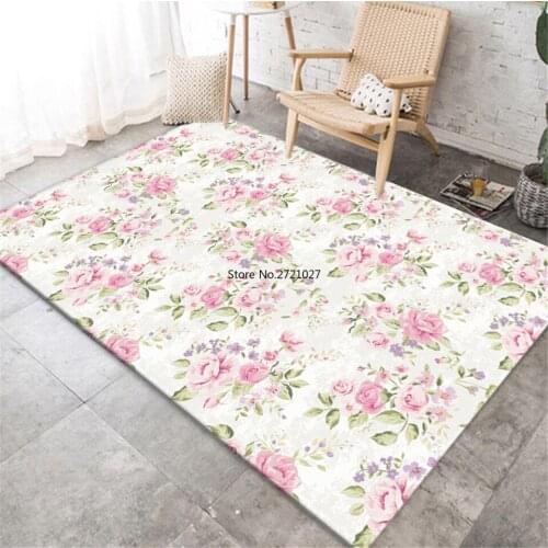 Nordic Fresh Pink Rose Pattern White Carpet Girl Room Bedroom Bedside Mat Non-slip Carpet Kitchen Floor Mat