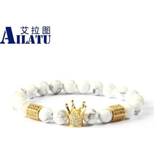 Ailatu Fashion Powerful Men Jewelry 8mm White Marble Stone Beads with Cz Imperial Crown & Stoppers Bracelet Pulseira Hombres