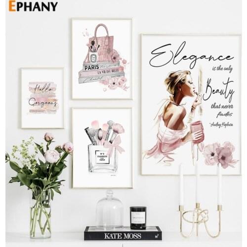 Fashion Canvas Painting Poster Makeup Brushes Beauty Wall Art Pink Perfume Decorative Pictures for Girl Room Nordic Home Decor
