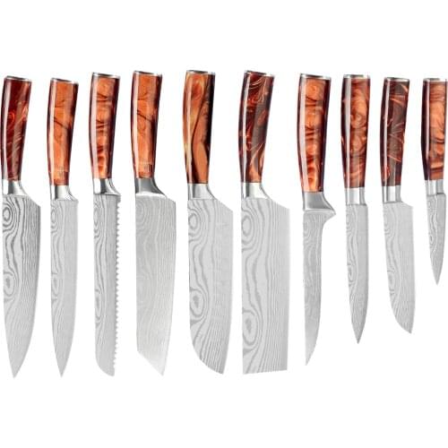 Pro Chef Stainless Steel Knives Set Laser Pattern Damascus Veins Blade Full Tang 8'' Bread Slicing 7'' Santoku Chopping Knife