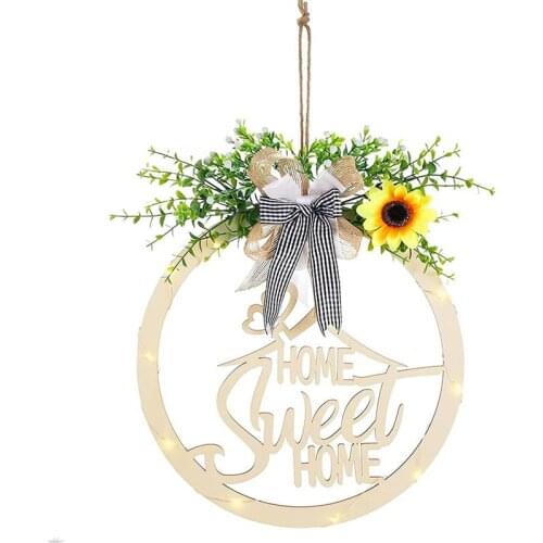 Welcome Sign For Front Door Rustic Wooden Door Hangers With String Light Sunflower Wreath Sign For Farmhouse Front Porch Decor