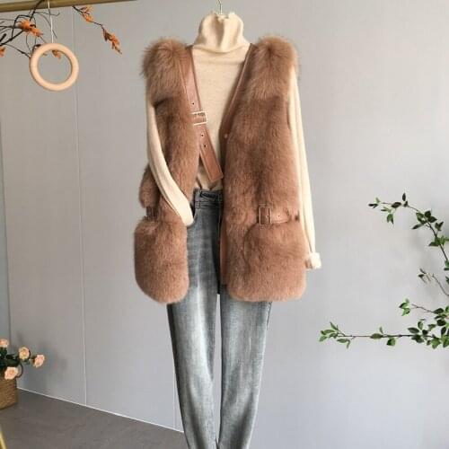 FURSARCAR New Whole Skin Winter Fur Vest 2020 Luxury Real Fur Women Natural Fox Fur Geilt 60cm Long Fashion Genuine Leather Coat
