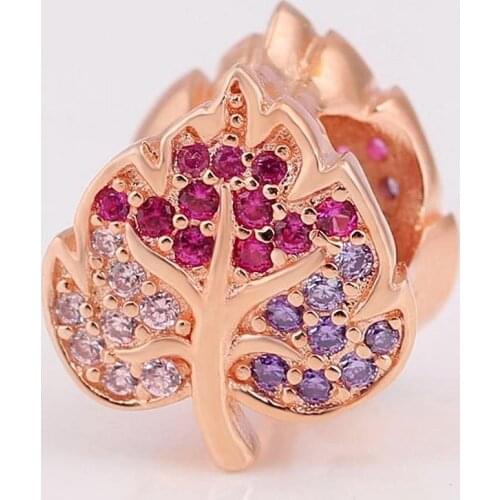Original Rose Sparkling Pave Leaf With Multicolor Crystal Bead Fit 925 Sterling Silver Charm Bracelet Diy Bangle Jewelry