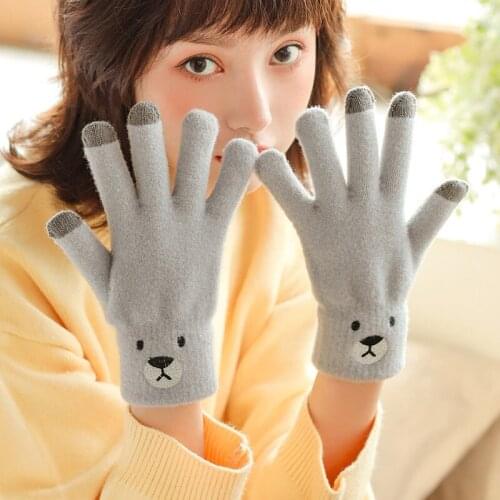 Autumn Winter Female Cartoon Bear Full Finger Thick Sport Cycling Mitten Women Warm Jacquard Stretch Knit Touch Screen Glove I87