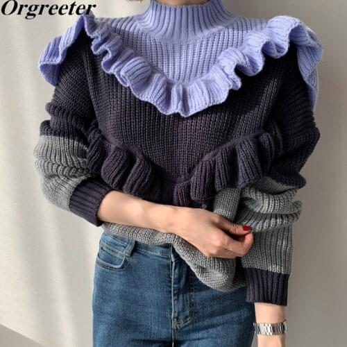 Chic Fall Winter Lazy Half Turtleneck Contrast color Ruffled Stitching Long-sleeved Pullover Thick Knitted Sweater Women